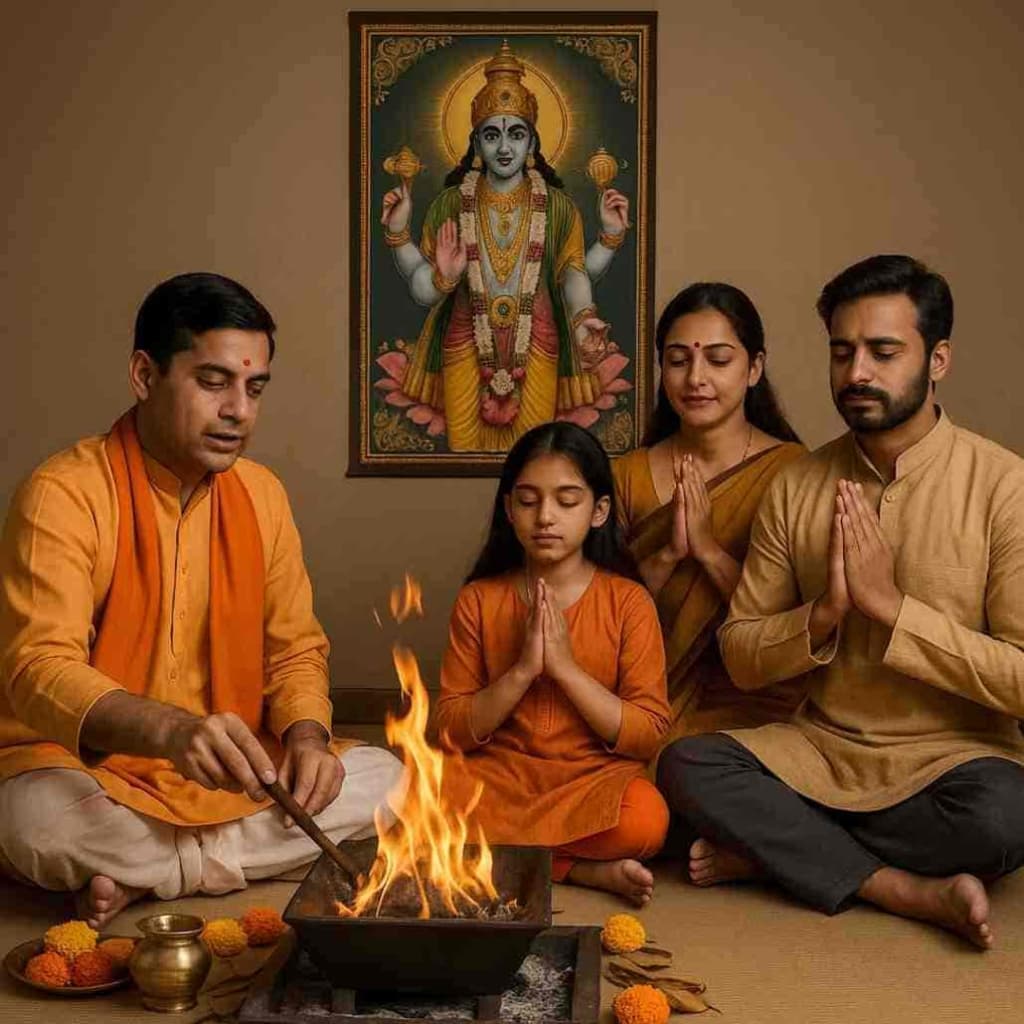 Beautiful authentic Hindu Puja ceremony with family and pandit